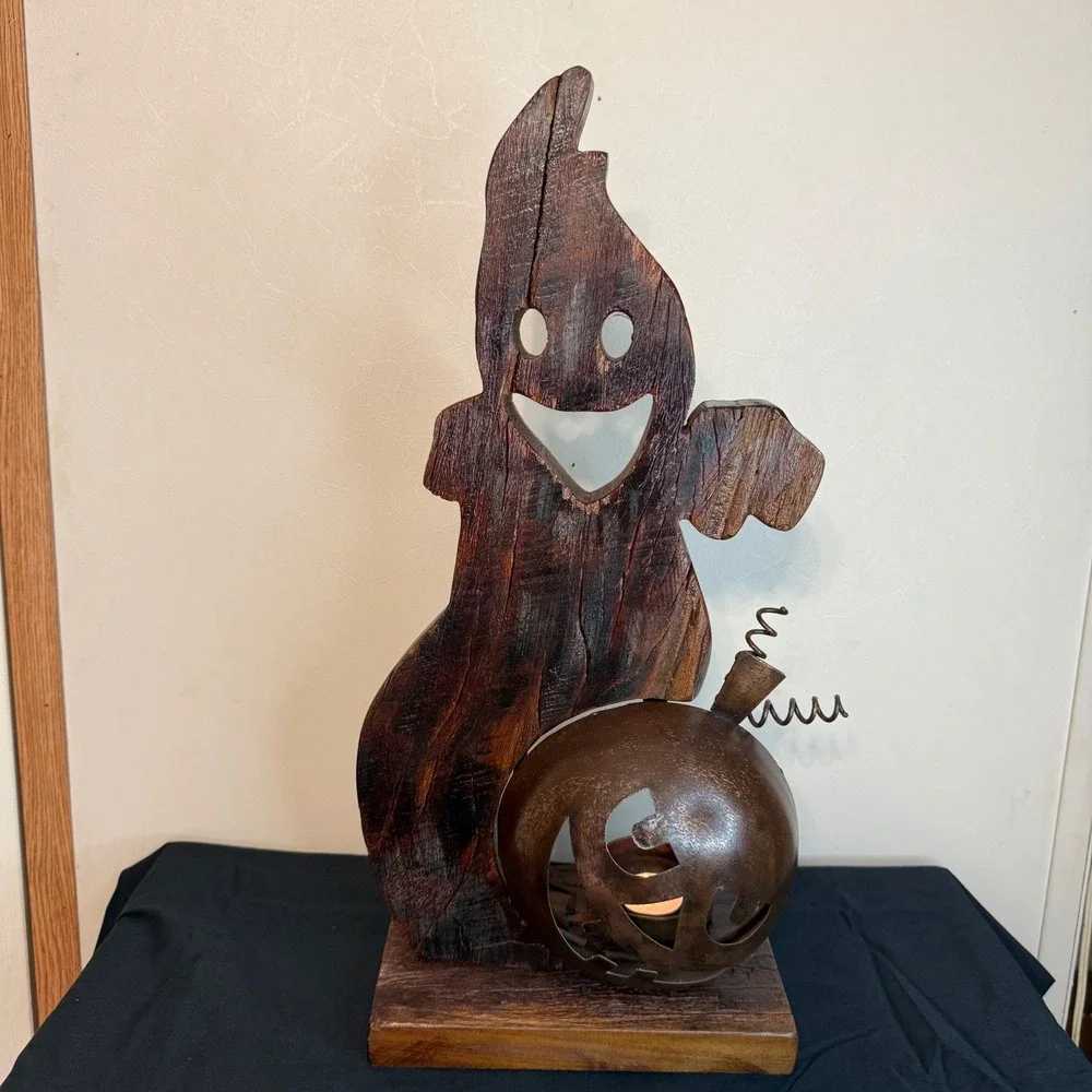 Rustic Wood Ghost and Metal Pumpkin Tea Light Holder Halloween Decor 18.5 Inch